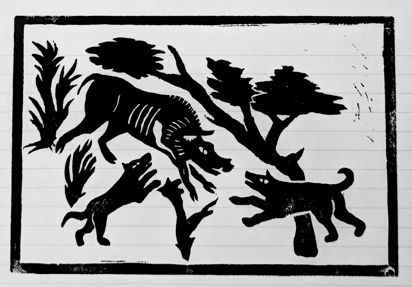 linocut of a boar, dogs, and olive trees